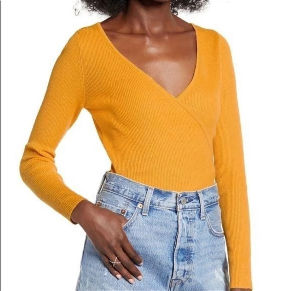 NWT Leith Yellow Long Sleeve V-Neck Ribbed Wrap Sweater Size XL